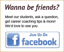 Text on the graphic says Wanna be friends? Meet our students, ask a question, get career coaching tips and more! We'd love to see you. Click here to join us on Facebook.