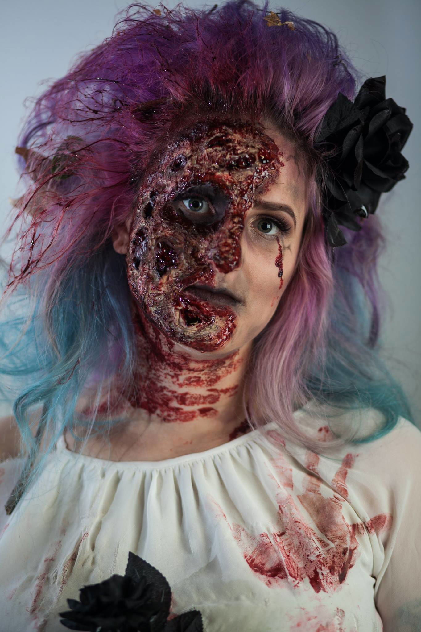 Close-up of zombie bride Halloween makeup