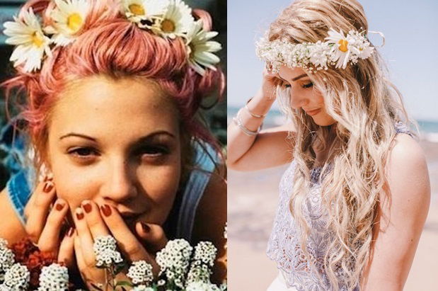 Drew Barrymore from the 90's on the right wearing a flower crown and the model on the right showing the style updated for today.