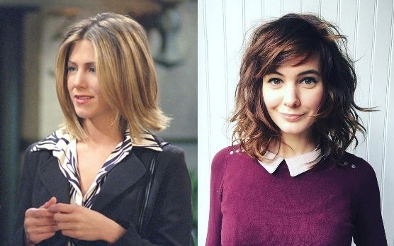 On the left is Rachael from the TV show Friends in the 90's sporting a shaggy bob and the model on the right showing the updated style for today.
