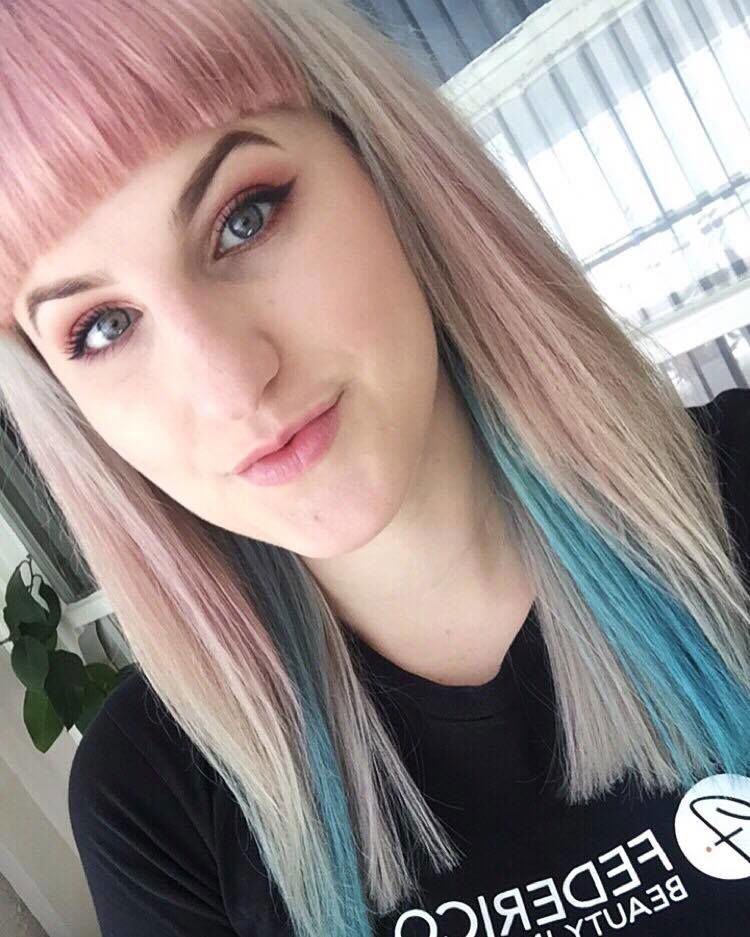 Brittney B and her pastel blonde, pink and blue hair
