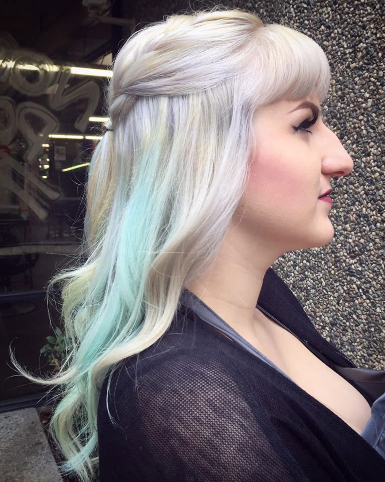 Brittney B and her silver hair with very light parts of lilac and baby blue with a hint of sunshine yellow