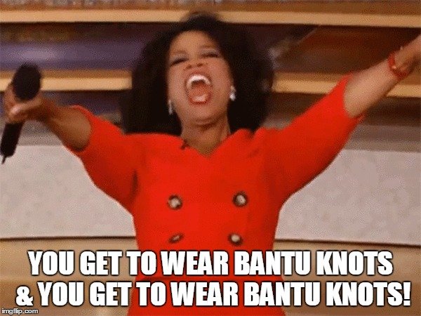 A meme showing Oprah. The text on the graphic says You get to wear bantu knots and you get to wear bantu knots!