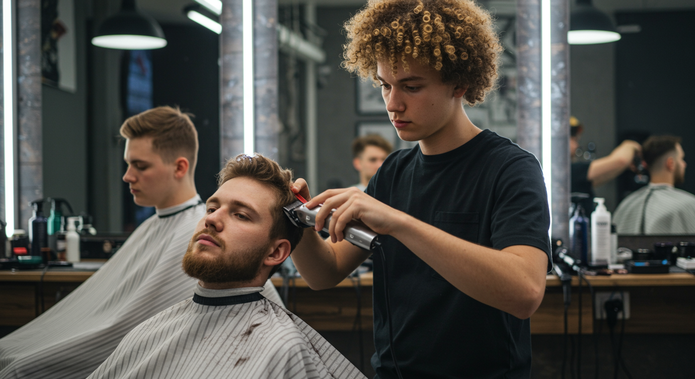 man in black shirt shaving a man's hair with clippers