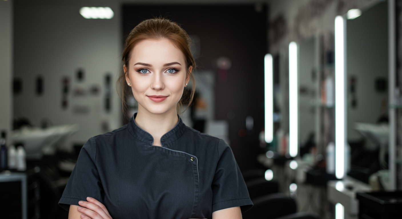 cosmetologist in a black smock in a salon