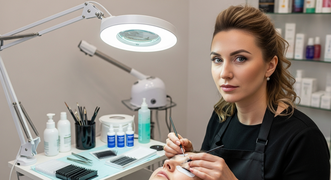 A smiling cosmetologist in a modern salon leans forward to engage with a seated client’s hair, surrounded by mirrors, hair-care products, and soft lighting creating a welcoming atmosphere