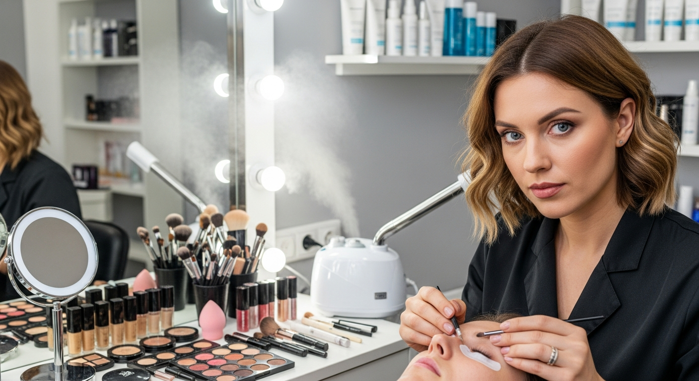 A cosmetologist in a black uniform applies eyelash extensions to a client lying down. She works at a makeup station filled with brushes, palettes, and cosmetics, with a facial steamer releasing mist in the background.